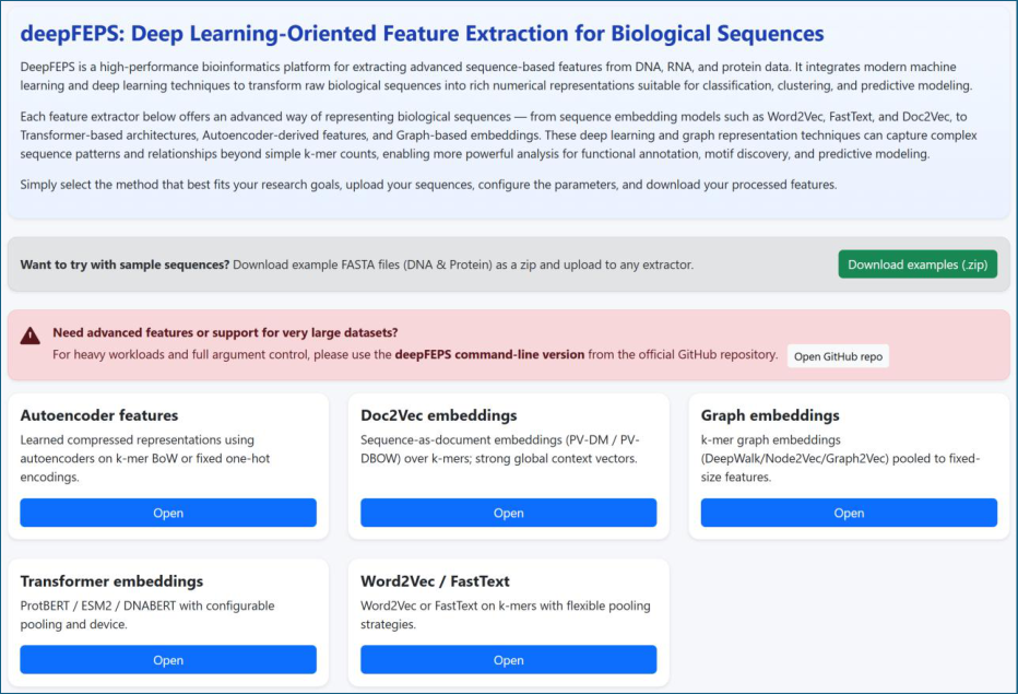 Figure 1. Screenshot of the deepFEPS web server interface displaying the five groups of feature extractors. Each group corresponds to a family of methods (k-mer embeddings, document-level embeddings, autoencoder-derived features, graph-based embeddings, and transformer-based models) allowing users to select and configure pipelines tailored to DNA, RNA, or protein sequences.