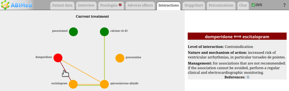 Figure 3: Screenshot of the adverse effect tab. The user preconized to deprescribe escitalopram, thus we are here in comparative mode.
