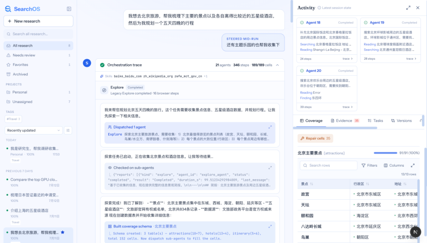 Figure 1 SearchOS interface for a long-horizon information-seeking task. The workspace exposes the orchestration trace, pipeline parallel agent activity, and relational schema coverage.