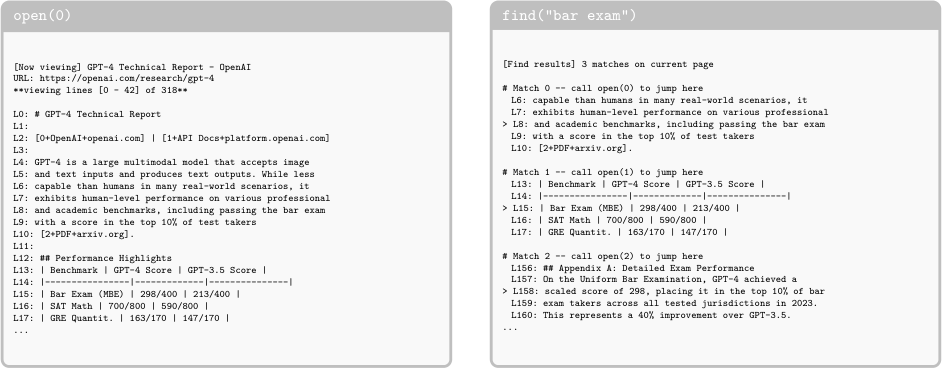 Figure 7 illustrates the rendered outputs an agent receives from open() and find() calls.