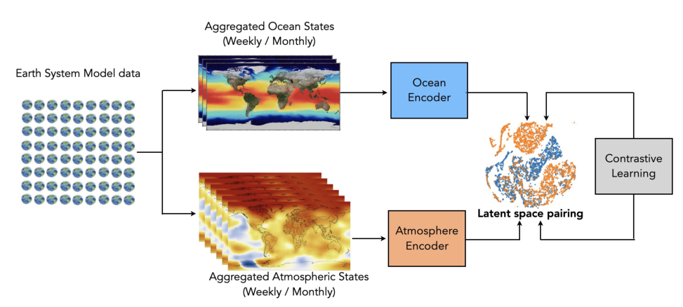 Figure 2. Pretraining approach. Aggregated oceanic and atmospheric states are processed by separate encoders and jointly optimized with a contrastive objective to learn a shared latent representation of coupled dynamics.