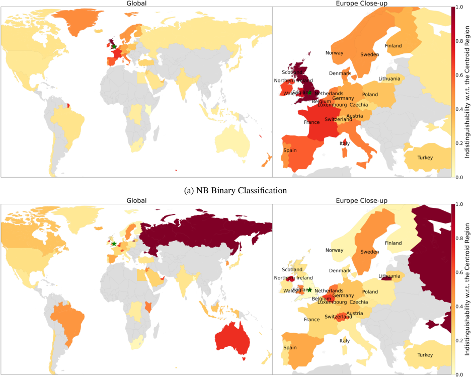 Figure 4: Binary Naive Bayes Misclassification: The spatial dependencies among COVID genomes are also evident under the binary classification setting. Each subplot corresponds to a different centroid country, and a star misclassification network is constructed based on the Naive Bayes binary classification results relative to the centroid country. In (c) and (d), we are also showing the Europe close-ups of the misclassification networks on the right.